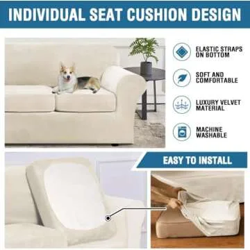 H.VERSAILTEX Modern Velvet Plush 4 Piece High Stretch Sofa Slipcover Furniture Protector Form Fit Luxury Thick Sofa Cover for 3 Cushion Couch, Machine Washable Width Up to 90 Inch(Sofa,Ivory)