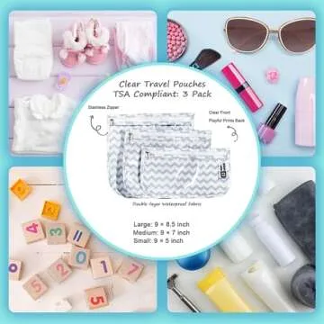 HIONXMGA TSA Approved Toiletry Bag,Set of 3 Clear Travel Toiletry Bags Quart Size Zipper Travel Pouch,Waterproof Travel Makeup Cosmetic Bag for Women Men Toiletries Carry on Airport,Wave