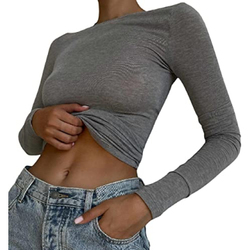 KMBANGI Women Sexy Slim Crop Shirt Long Sleeve Crewneck Fitted Tshirts Top Knit Cropped Tee Blouse R...