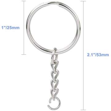 100 Pcs NANSSY 1 Inch/25mm Split Keyrings with Chain Silver Keychain Ring, Key Chains Rings Parts with Open Jump Ring and Connector.