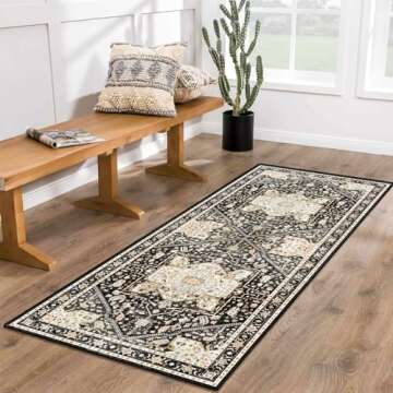 MUJOO Washable Runner Rug,Black Boho Area Rugs for Bathroom Hallways Bedroom Kitchen Entryway,Non Sl...