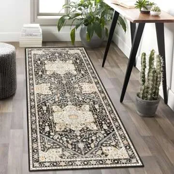 MUJOO Washable Runner Rug,Black Boho Area Rugs for Bathroom Hallways Bedroom Kitchen Entryway,Non Slip Carpet Long Mat Indoor,Floral Vintage Black and Gold Soft 2'x6'