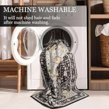 MUJOO Washable Runner Rug,Black Boho Area Rugs for Bathroom Hallways Bedroom Kitchen Entryway,Non Slip Carpet Long Mat Indoor,Floral Vintage Black and Gold Soft 2'x6'