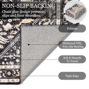 MUJOO Washable Runner Rug,Black Boho Area Rugs for Bathroom Hallways Bedroom Kitchen Entryway,Non Slip Carpet Long Mat Indoor,Floral Vintage Black and Gold Soft 2'x6'