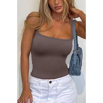 Meyeeka Bodysuit for Women Tops Ribbed Bodysuit Summer Bodysuit Sleeveless Tank Top Casual Grey M