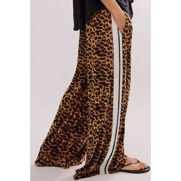 D-Sun Women Wide Leg Leopard Pants Mid Rise Leopard Velvet Trousers Casual Loose Elastic Waist Cheet...