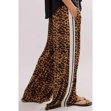 D-Sun Women Wide Leg Leopard Pants Mid Rise Leopard Velvet Trousers Casual Loose Elastic Waist Cheet...