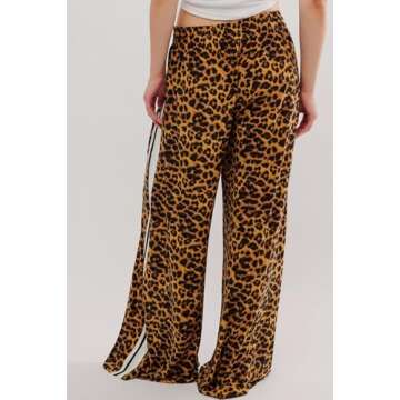 D-Sun Women Wide Leg Leopard Pants Mid Rise Leopard Velvet Trousers Casual Loose Elastic Waist Cheetah Printed Long Pants