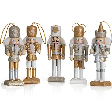 Ornativity Nutcracker Hanging Ornament Figures – Gold and Silver Glittered Christmas Mini Wooden K...