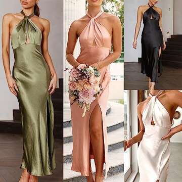 Ladies Summer Satin Soft Fabric Halter Neck Strap Design High Slit Dress Sheer Dress Floral (Black, S)