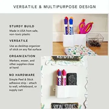 Storage Theory Marker Caddy – White Holder for Dry Erase Markers, Pen, and Pencils – Organizer for Desk, Office, Locker, Chalkboard, Kitchen Refrigerator – 1 Pack