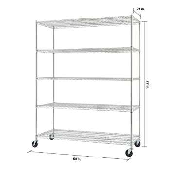 TRINITY Basics TBFC-0931 5-Tier Adjustable Wire Shelving with Wheels for Kitchen Organization, Garage Storage, Laundry Room, NSF Certified, 600 to 2250 Pound Capacity, 60” by 24” by 77”, Chrome