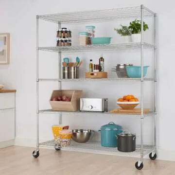 TRINITY Basics TBFC-0931 5-Tier Adjustable Wire Shelving with Wheels for Kitchen Organization, Garage Storage, Laundry Room, NSF Certified, 600 to 2250 Pound Capacity, 60” by 24” by 77”, Chrome
