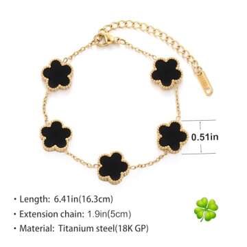 TICVSS Van Cleef Four Leaf Clover Bracelet for Women 18K Gold Plated Black Stainless Steel Lucky 4 L...