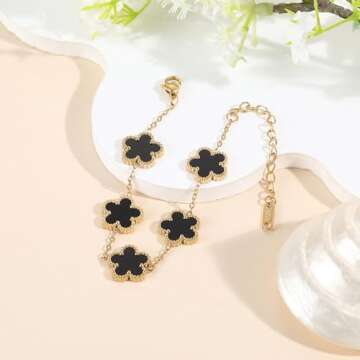 TICVSS Van Cleef Four Leaf Clover Bracelet for Women 18K Gold Plated Black Stainless Steel Lucky 4 Leaf Link Bracelet Jewelry Gift for Women