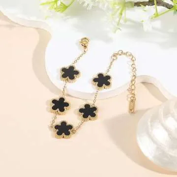 TICVSS Van Cleef Four Leaf Clover Bracelet for Women 18K Gold Plated Black Stainless Steel Lucky 4 Leaf Link Bracelet Jewelry Gift for Women