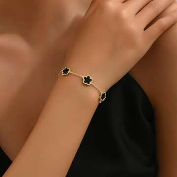 TICVSS Van Cleef Four Leaf Clover Bracelet for Women 18K Gold Plated Black Stainless Steel Lucky 4 Leaf Link Bracelet Jewelry Gift for Women