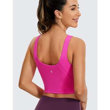 CRZ YOGA Butterluxe Womens V Neck Longline Sports Bra - U Back Padded Crop Workout Tank Tops with Built in Pads Hibiscus Purple Small