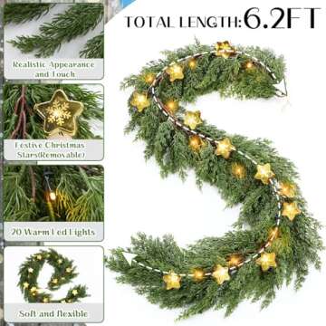 Meooeck 6.2ft Pre Lit Christmas Cedar Realistic Garland with Star Lights Faux Cedar Garland LED Artificial Pine Cypress Battery Operated with 8 Modes Timer(Gold Stars)