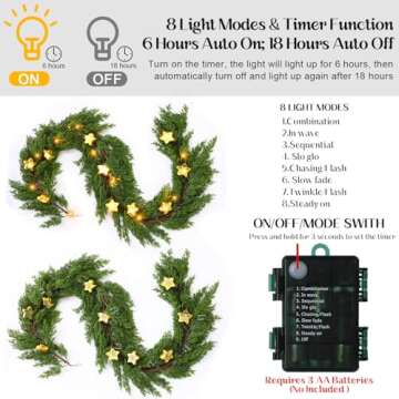 Meooeck 6.2ft Pre Lit Christmas Cedar Realistic Garland with Star Lights Faux Cedar Garland LED Artificial Pine Cypress Battery Operated with 8 Modes Timer(Gold Stars)