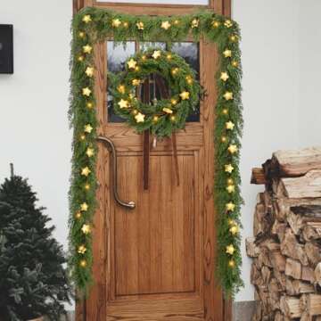Meooeck 6.2ft Pre Lit Christmas Cedar Realistic Garland with Star Lights Faux Cedar Garland LED Artificial Pine Cypress Battery Operated with 8 Modes Timer(Gold Stars)