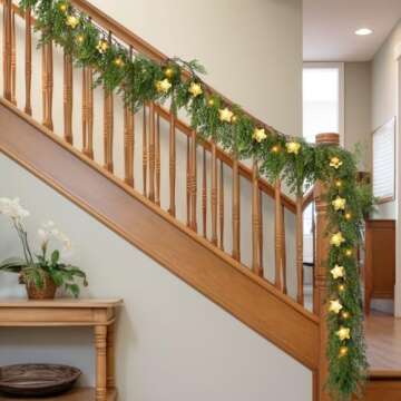 Meooeck 6.2ft Pre Lit Christmas Cedar Realistic Garland with Star Lights Faux Cedar Garland LED Artificial Pine Cypress Battery Operated with 8 Modes Timer(Gold Stars)