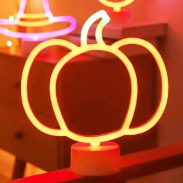 YAOZHOU Thanksgiving Table Decor,Pumpkin Lights Lamp, Neon Signs Battery Operated, Halloween Decorations Indoor, Cute Vintage Fall Decor for Home, Room, Kitchen, Desk, Office