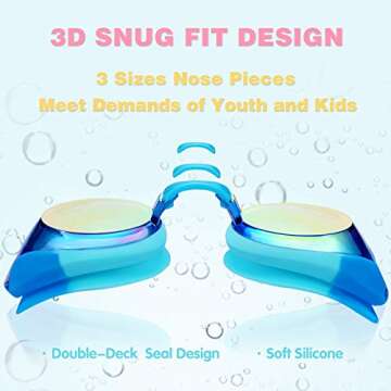Keary 2 Pack Kids Swim Goggles Swimming Goggles for Toddler Children Girls Boys Youth, Anti-Fog Waterproof Anti-UV Clear Vision Mirror Flat Lens Water Pool Goggles with 3 Nose Pieces, Kids Goggles