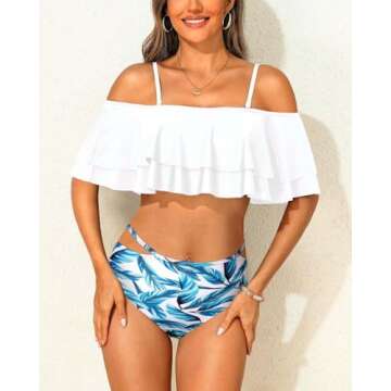 Tempt Me Women’s Stylish White Two Piece High Waisted Bikini Set Swimsuit w/ Ruffles and Tummy Con...