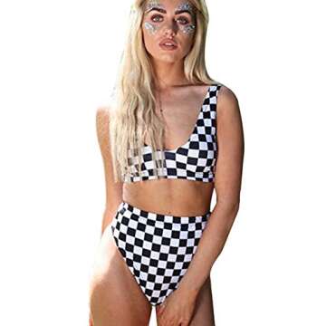 Newfancy Women Rave Checkered Crop Top High Waisted Shorts for Music Festivals