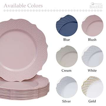 SILVER SPOONS Floral Embossed Plastic Dinner Plates for Party (20 PC) Heavy Duty Disposable Dinner Set 10.25", Fine China Look Dishes for Celebrations & Events - Blush - Harmony Collection