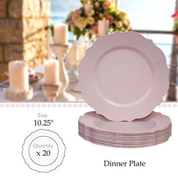 SILVER SPOONS Floral Embossed Plastic Dinner Plates for Party (20 PC) Heavy Duty Disposable Dinner Set 10.25", Fine China Look Dishes for Celebrations & Events - Blush - Harmony Collection