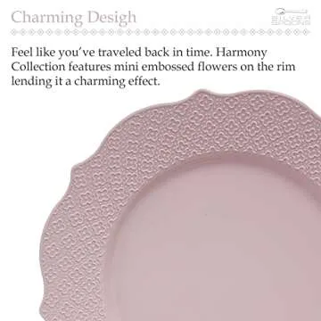SILVER SPOONS Floral Embossed Plastic Dinner Plates for Party (20 PC) Heavy Duty Disposable Dinner Set 10.25", Fine China Look Dishes for Celebrations & Events - Blush - Harmony Collection