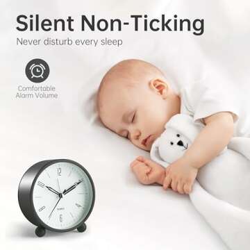 Analog Alarm Clock - 4 Inch Silent with Night Light, Battery Operated, Stylish Design, Perfect for B...
