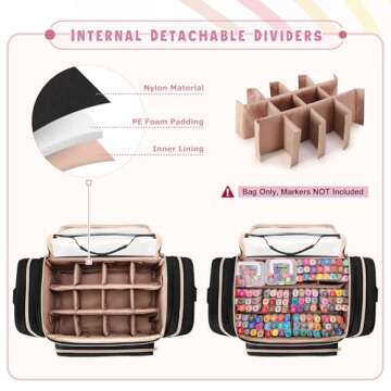 Rexmica Marker Organizer Case Bag for 180-300 Markers, Large Marker Storage Bag with Detachable Divi...