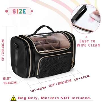 Rexmica Marker Organizer Case Bag for 180-300 Markers, Large Marker Storage Bag with Detachable Divider for Adults, Marker Travel Holder Case Bag for Various Markers or Other Art Craft Supply, Black