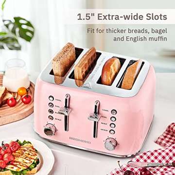 REDMOND Toaster 4 Slice, Retro Stainless Steel Toaster with Extra Wide Slots Bagel, Defrost, Reheat Function, Dual Independent Control Panel, 6 Shade Settings and High Lift Lever, Pink