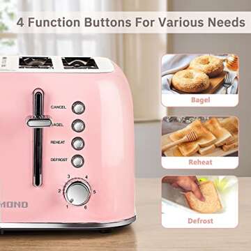 REDMOND Toaster 4 Slice, Retro Stainless Steel Toaster with Extra Wide Slots Bagel, Defrost, Reheat Function, Dual Independent Control Panel, 6 Shade Settings and High Lift Lever, Pink