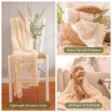 Zenviro Boho Throw Blanket, 50"x60", 100% Handmade Crochet Throw Blankets,100% Cotton Beige Throw, Decorative, Vintage Lace Blanket, Boho Decor, Photo Prop, Lightweight Knit