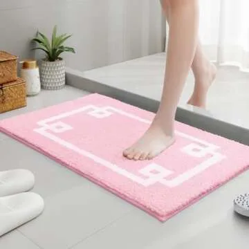 HOMEIDEAS Bathroom Rugs Sets 2 Piece, Soft and Water Absorbent Microfiber Carpet, Non-Slip Washable Bath Mats (20"x32"+16"x24", Pink and White)