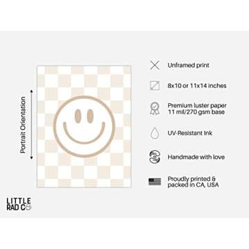 Neutral Checkered Smiley Face Poster for Kids Room Rad Little Dude Decor Neutral Nursery Wall Decor UNFRAMED (Beige B, 11x14)