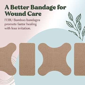 FEBU Eco-Friendly Large Organic Bamboo Bandages | PFAS Free Bandages for Scrapes & Cuts | Flexible Fabric Bandage | Latex Free Wound Dressing | Fully Compostable | 20 Count Assorted Large Bandage