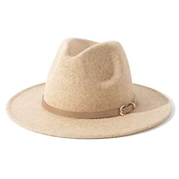 Lisianthus Women Wool Wide Brim Belt Buckle Fedora Hat Q Beige Belt-Beige