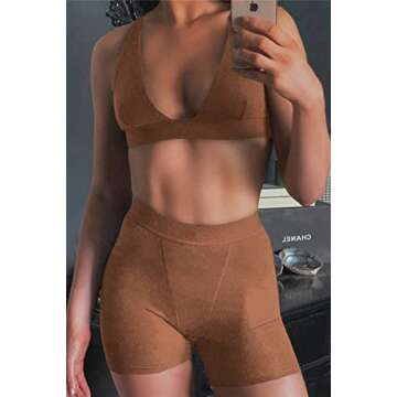 Kafiloe Women 2 Piece Workout Outfit Ribbed Deep V Neck Bra High Waist Bodycon Yoga Short Sets Gym Active Wear Tracksuits Brown M