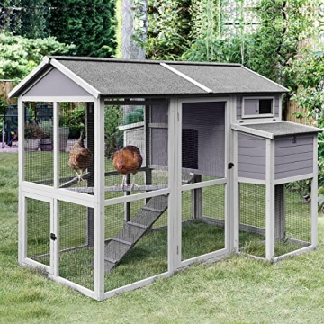 Chicken Coop with Large Nesting Box Outdoor Wooden Hen House Poultry Cage with Run (Grey-48)