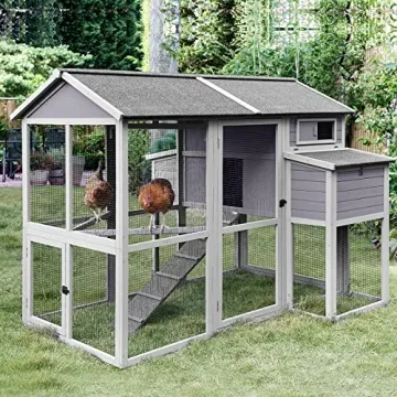 Chicken Coop with Large Nesting Box Outdoor Wooden Hen House Poultry Cage with Run (Grey-48)