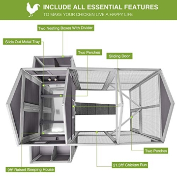 Chicken Coop with Large Nesting Box Outdoor Wooden Hen House Poultry Cage with Run (Grey-48)