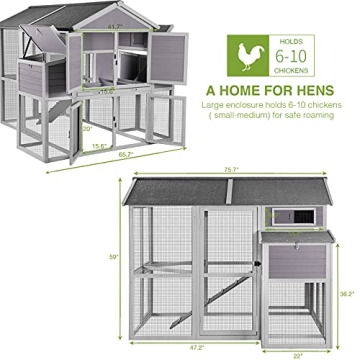 Chicken Coop with Large Nesting Box Outdoor Wooden Hen House Poultry Cage with Run (Grey-48)