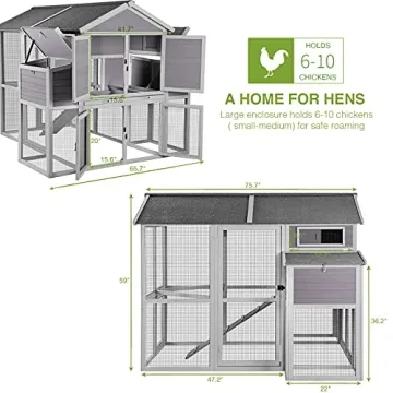 Chicken Coop with Large Nesting Box Outdoor Wooden Hen House Poultry Cage with Run (Grey-48)