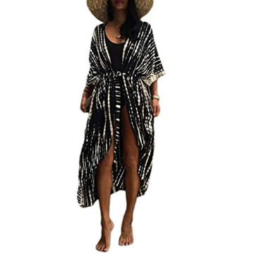 Bsubseach Women's Black Tie Dye Long Beach Swimsuit Cover-Up Kimono
